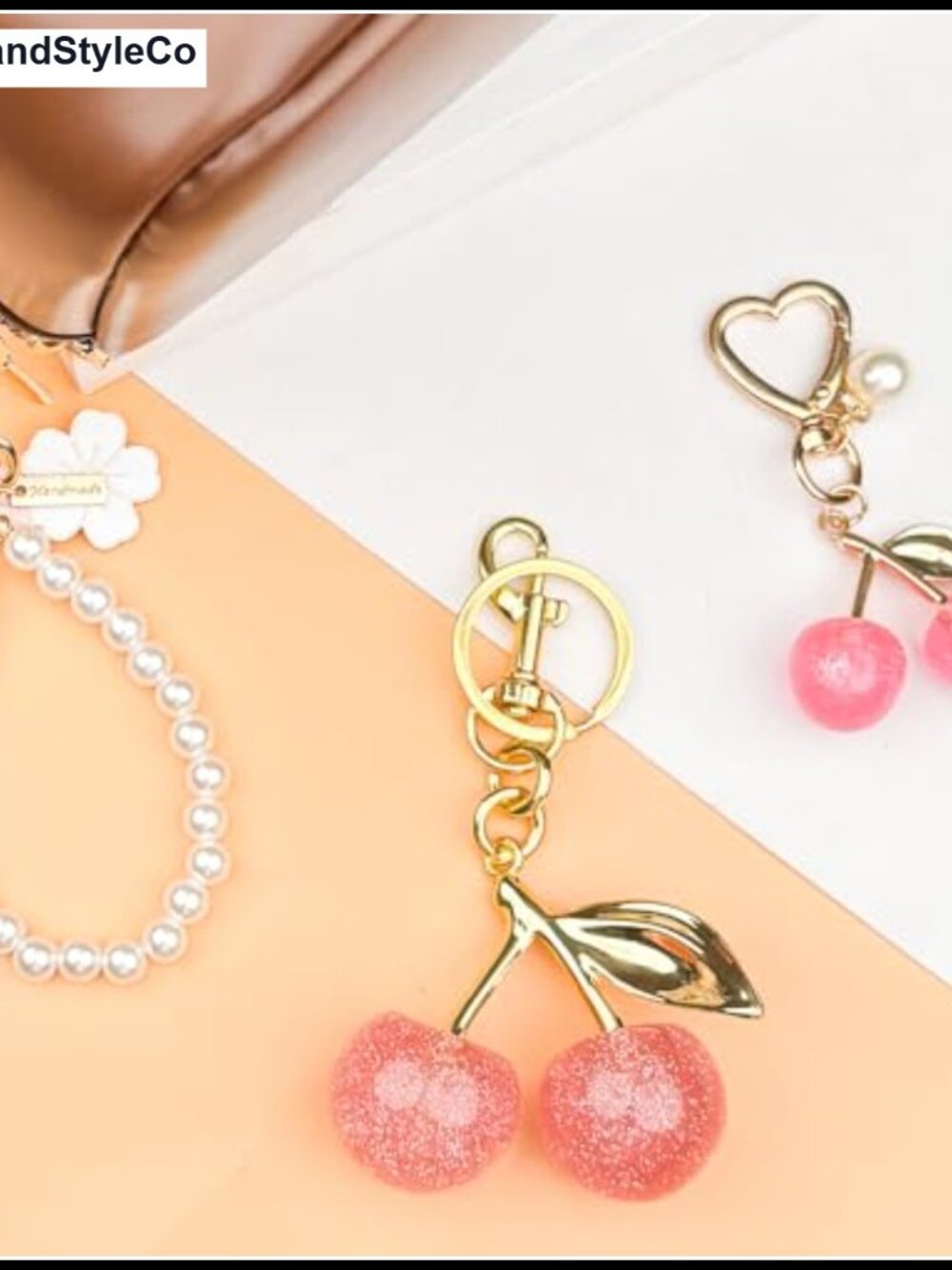 3 PC Pearl Cherry Bag Charm Keychain Set Purse Accessories Women - Picture 3 of 6